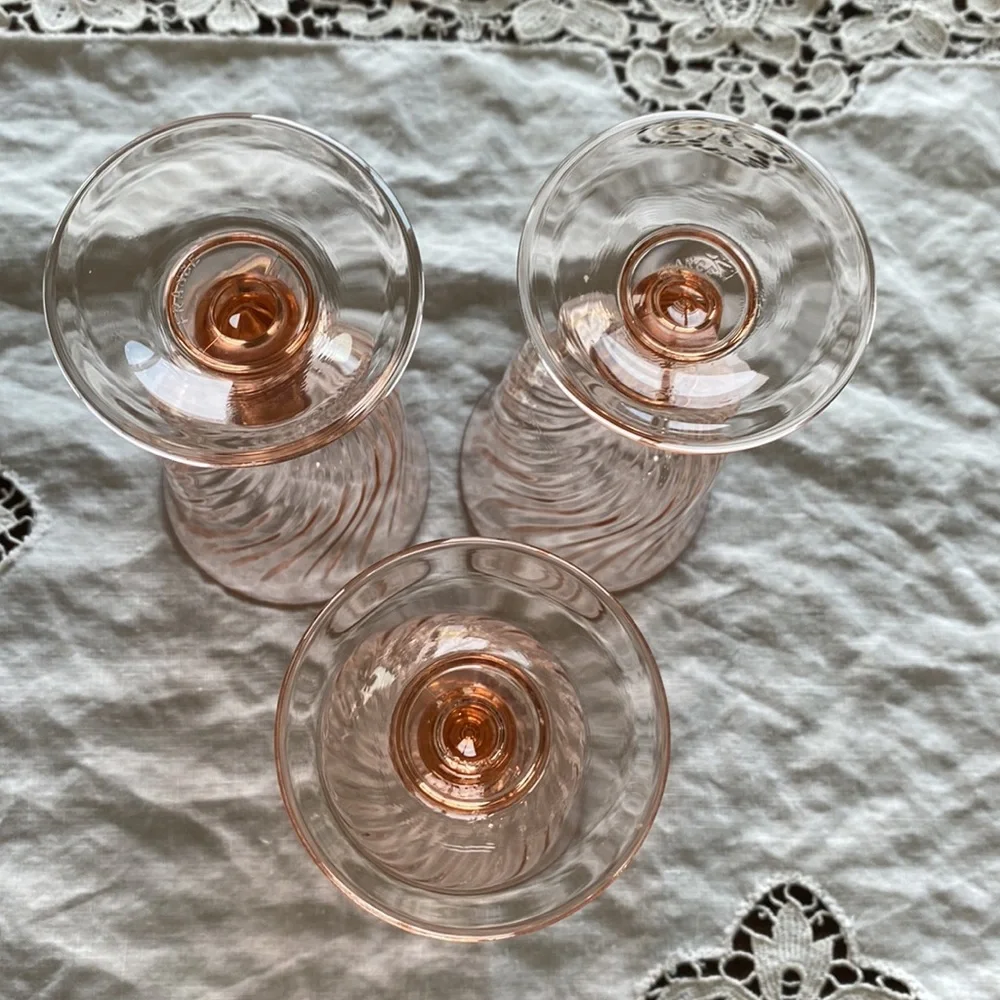 Set of 3 Vintage Rosaline Pink Swirl Glass Wine Goblets!